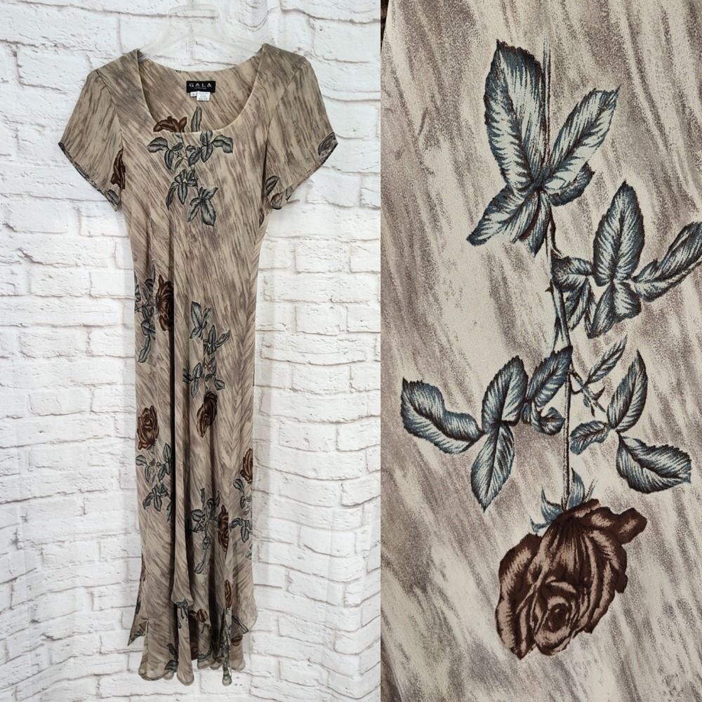 Vintage 90s Gothic Rose Silk Bias Dress Maxi Fairy Layered‎ Dark Romance Small